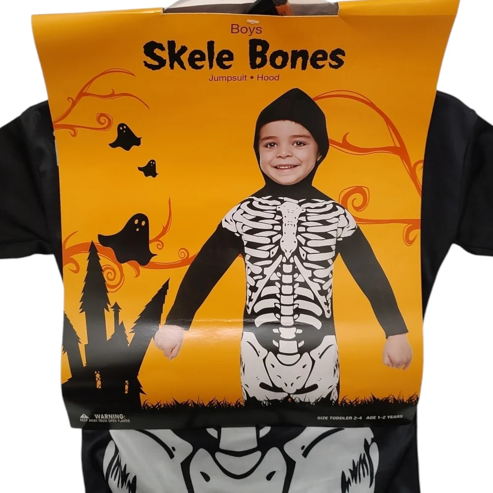 New Rubie's Kid Skeleton Halloween Costume Black White Skele Bones Jumpsuit Hood - Picture 2 of 5